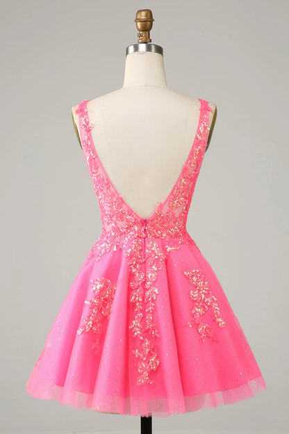 Amzcw Sparkly Fuchsia Sequined V Neck Backless Short Homecoming Dress