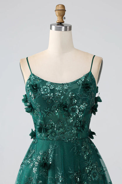 Amzcw Dark Green A-Line Spaghetti Straps Lace Flower Long Corset Glitter Prom Dress prom dresses shops