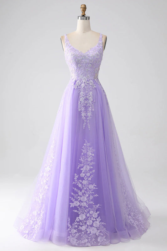 Amzcw Lilac A-Line Spaghetti Straps Tulle Long Prom Dress with Appliques prom dresses shops