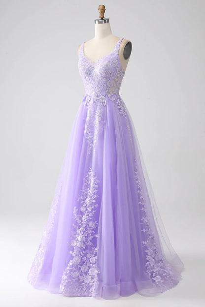 Amzcw Lilac A-Line Spaghetti Straps Tulle Long Prom Dress with Appliques prom dresses shops