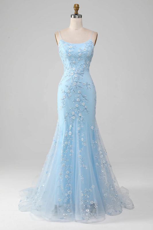 Amzcw Sparkly Light Blue Mermaid Beaded Long Prom Dress With Appliques