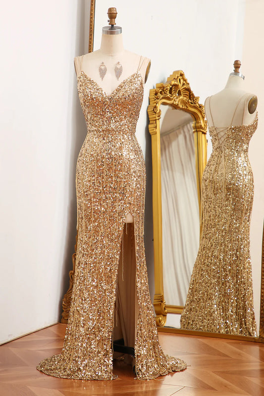 Amzcw Sparkly Gold Mermaid Long Corset Sequins Prom Dress with Slit