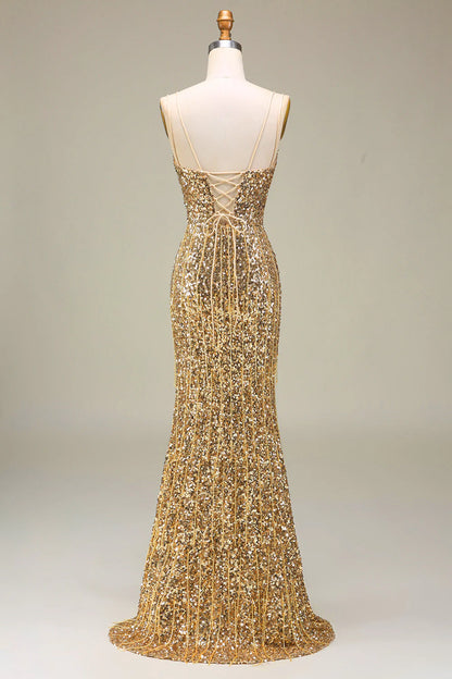 Amzcw Mermaid Sparkly Golden Spaghetti Straps Long Prom Dress with Slit