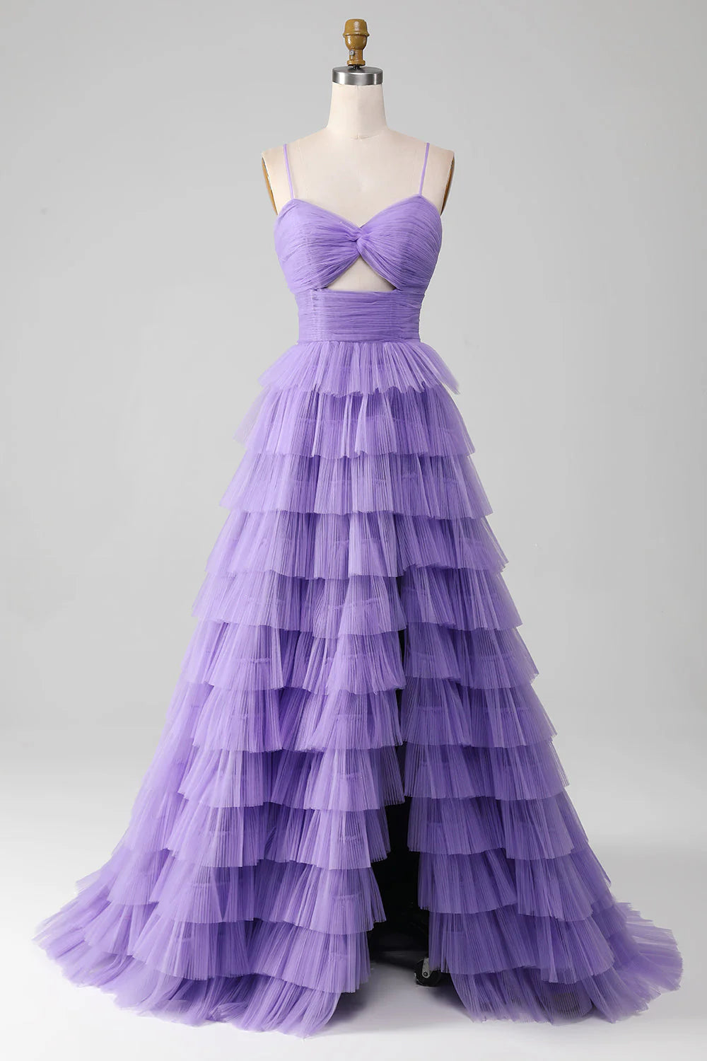 Amzcw Purple Tulle A-Line Spaghetti Straps Tiered Long Prom Dress with Slit