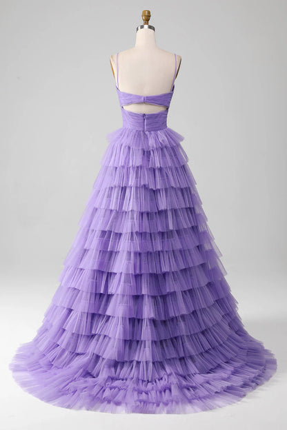 Amzcw Purple Tulle A-Line Spaghetti Straps Tiered Long Prom Dress with Slit