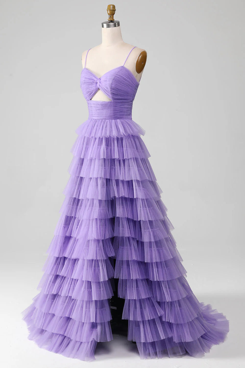 Amzcw Purple Tulle A-Line Spaghetti Straps Tiered Long Prom Dress with Slit