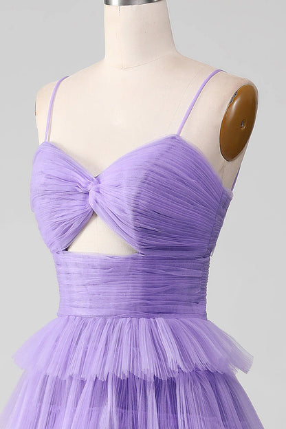 Amzcw Purple Tulle A-Line Spaghetti Straps Tiered Long Prom Dress with Slit