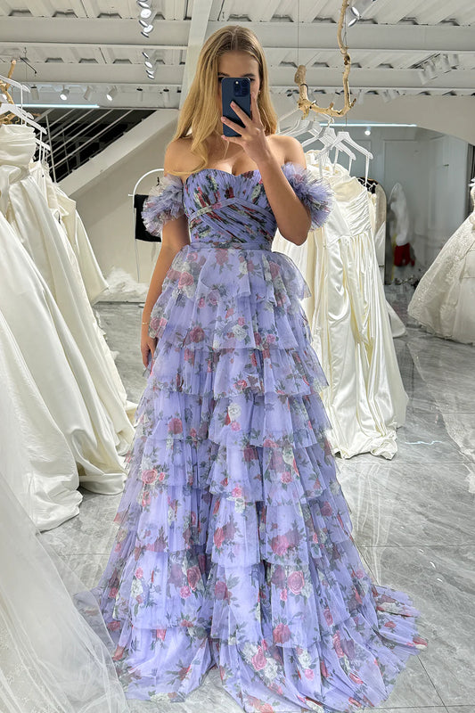 Amzcw Lavendar A Line Sweetheart Pleated Floral Print Long Tiered Prom Dress prom dresses with long sleeves