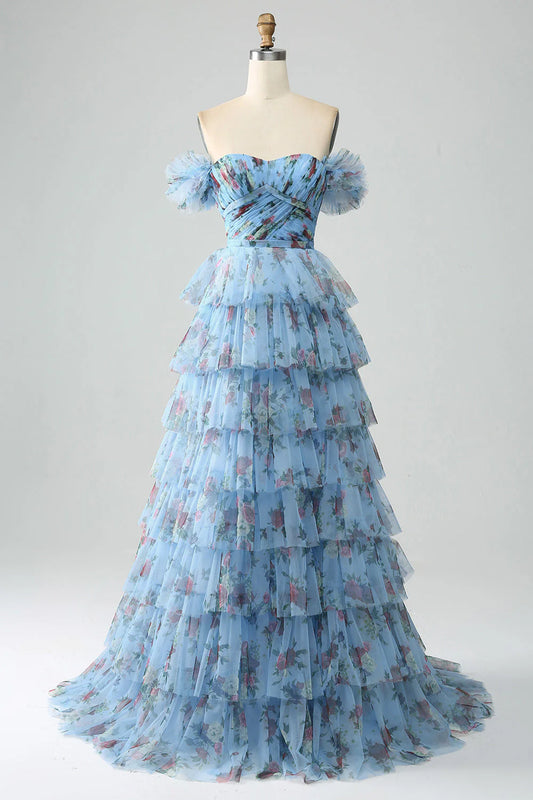 Amzcw Blue A-Line Off the Shoulder Floral Printed Tiered Prom Dress with Pleated prom dresses shops