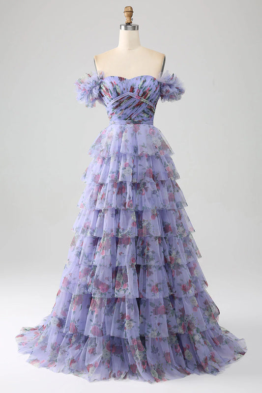 Amzcw Lavender A-Line Off the Shoulder Floral Printed Tiered Prom Dress with Pleated prom dresses shops