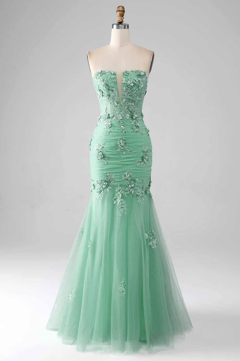 Amzcw Green Mermaid Strapless Tulle Long Prom Dress with Appliques prom dresses with long sleeves