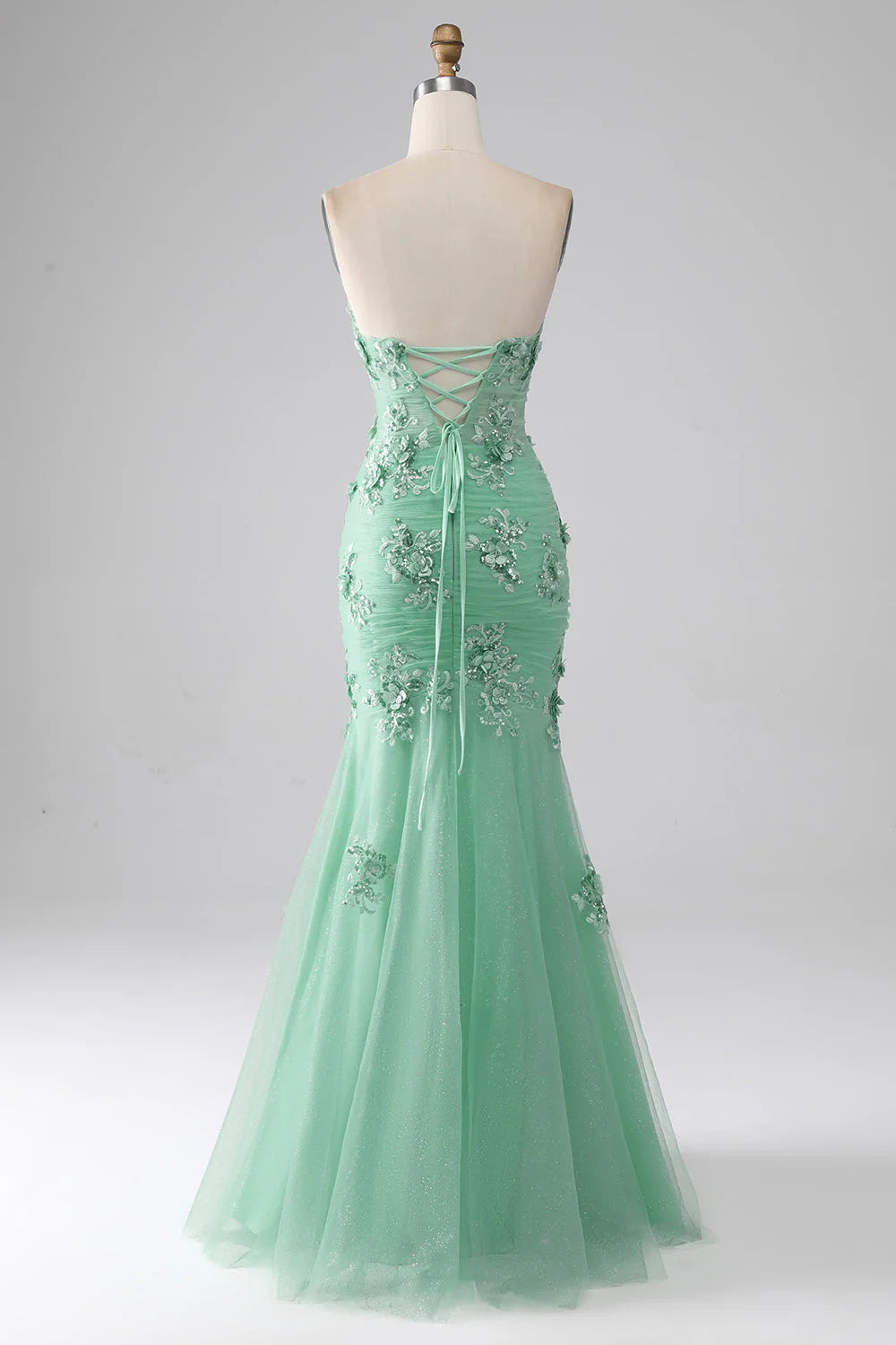 Amzcw Green Mermaid Strapless Tulle Long Prom Dress with Appliques prom dresses with long sleeves