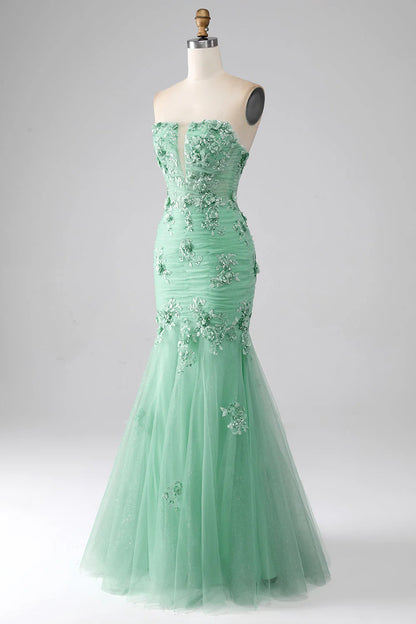 Amzcw Green Mermaid Strapless Tulle Long Prom Dress with Appliques prom dresses with long sleeves