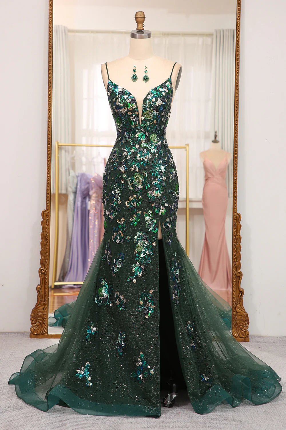 Amzcw Dark Green Mermaid Butterflies Appliques Lace-Up Back Prom Dress with Slit prom clothing