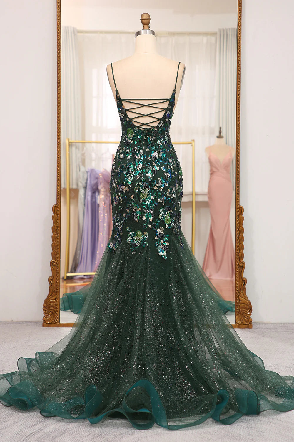 Amzcw Dark Green Mermaid Butterflies Appliques Lace-Up Back Prom Dress with Slit prom clothing