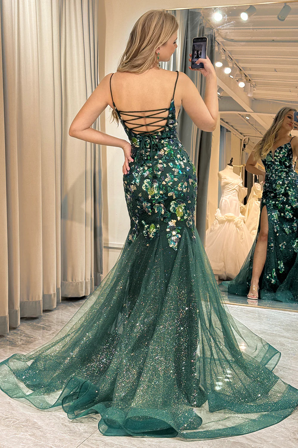 Amzcw Dark Green Mermaid Butterflies Appliques Lace-Up Back Prom Dress with Slit prom clothing