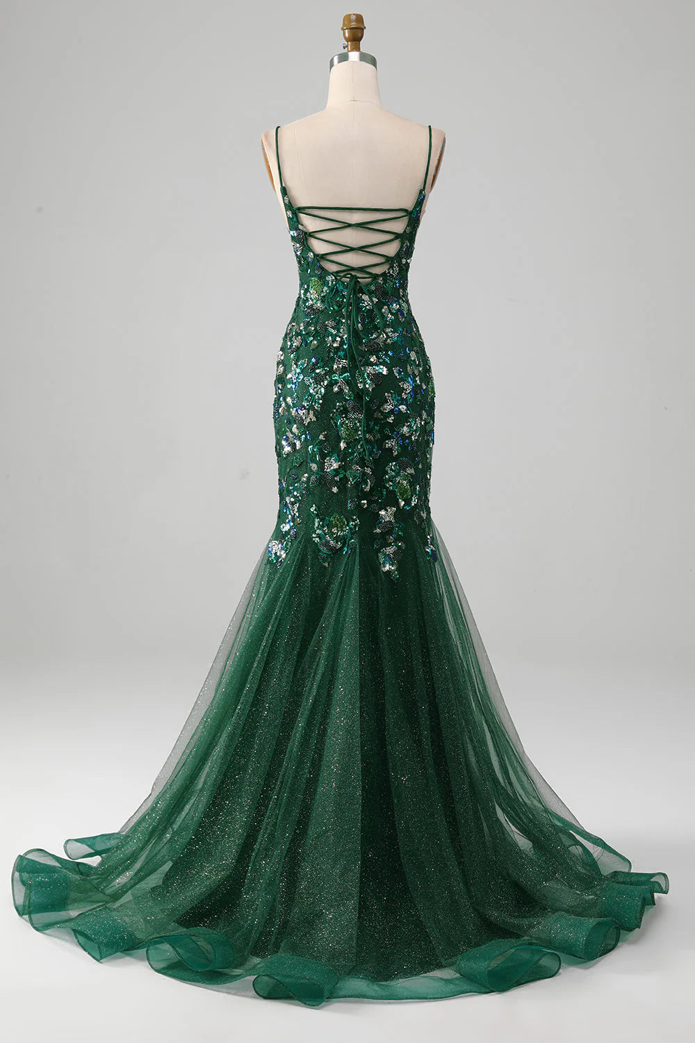 Amzcw Dark Green Mermaid Lace-Up Back Prom Dress with Butterflies Appliques long prom dresses with sleeves