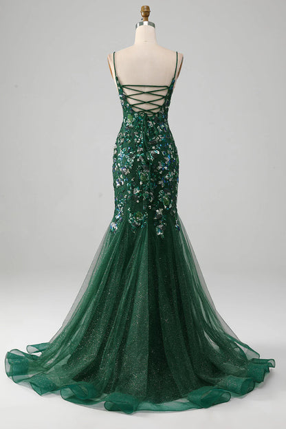 Amzcw Dark Green Mermaid Lace-Up Back Prom Dress with Butterflies Appliques long prom dresses with sleeves