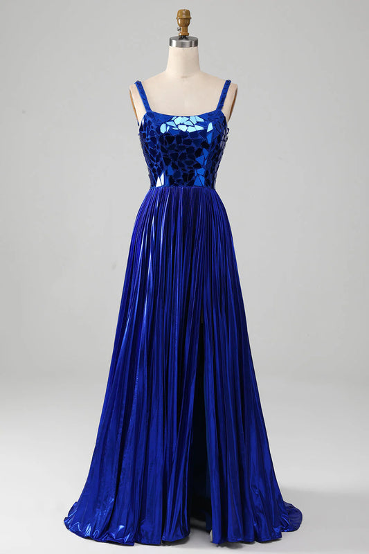 Amzcw Sparkly Royal Blue A-Line Lace-Up Back Pleated Prom Dress with Slit prom clothing