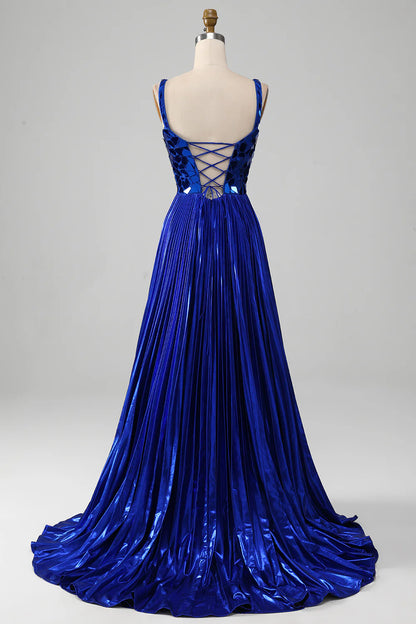 Amzcw Sparkly Royal Blue A-Line Lace-Up Back Pleated Prom Dress with Slit prom clothing