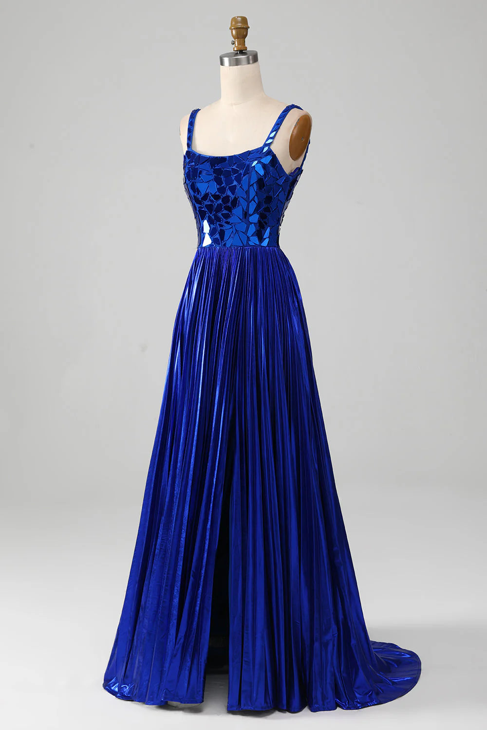 Amzcw Sparkly Royal Blue A-Line Lace-Up Back Pleated Prom Dress with Slit prom clothing