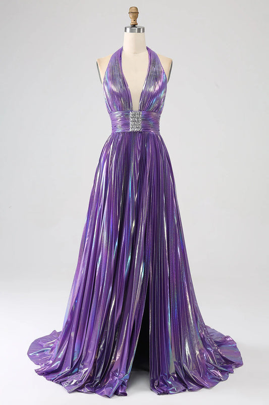 Amzcw Glitter Purple Pleated Metallic Long Prom Dress with Slit prom dresses shops