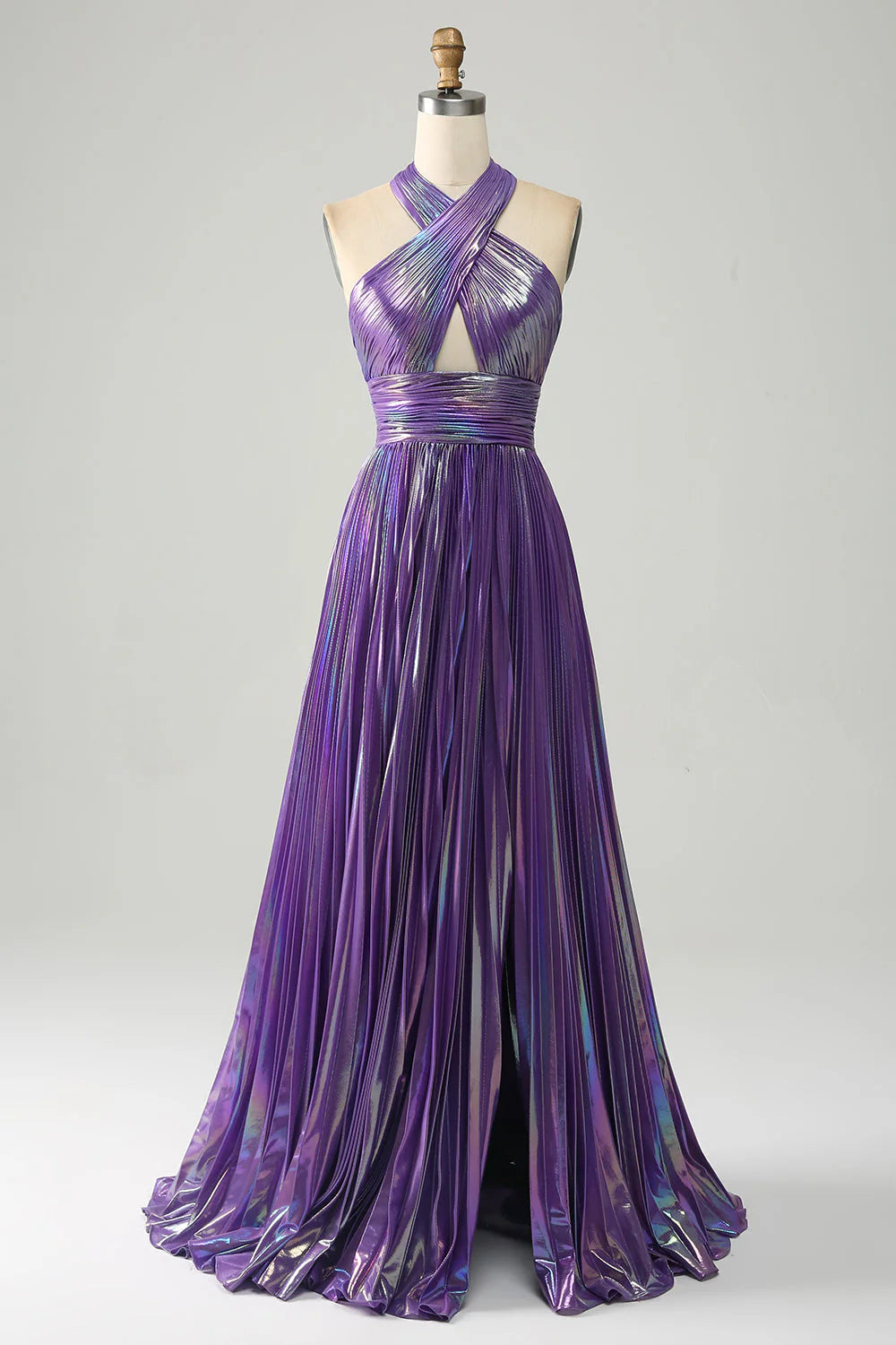 Amzcw Sparkly Purple A-Line Halter Pleated Prom Dress with Slit