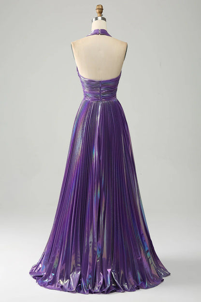 Amzcw Sparkly Purple A-Line Halter Pleated Prom Dress with Slit