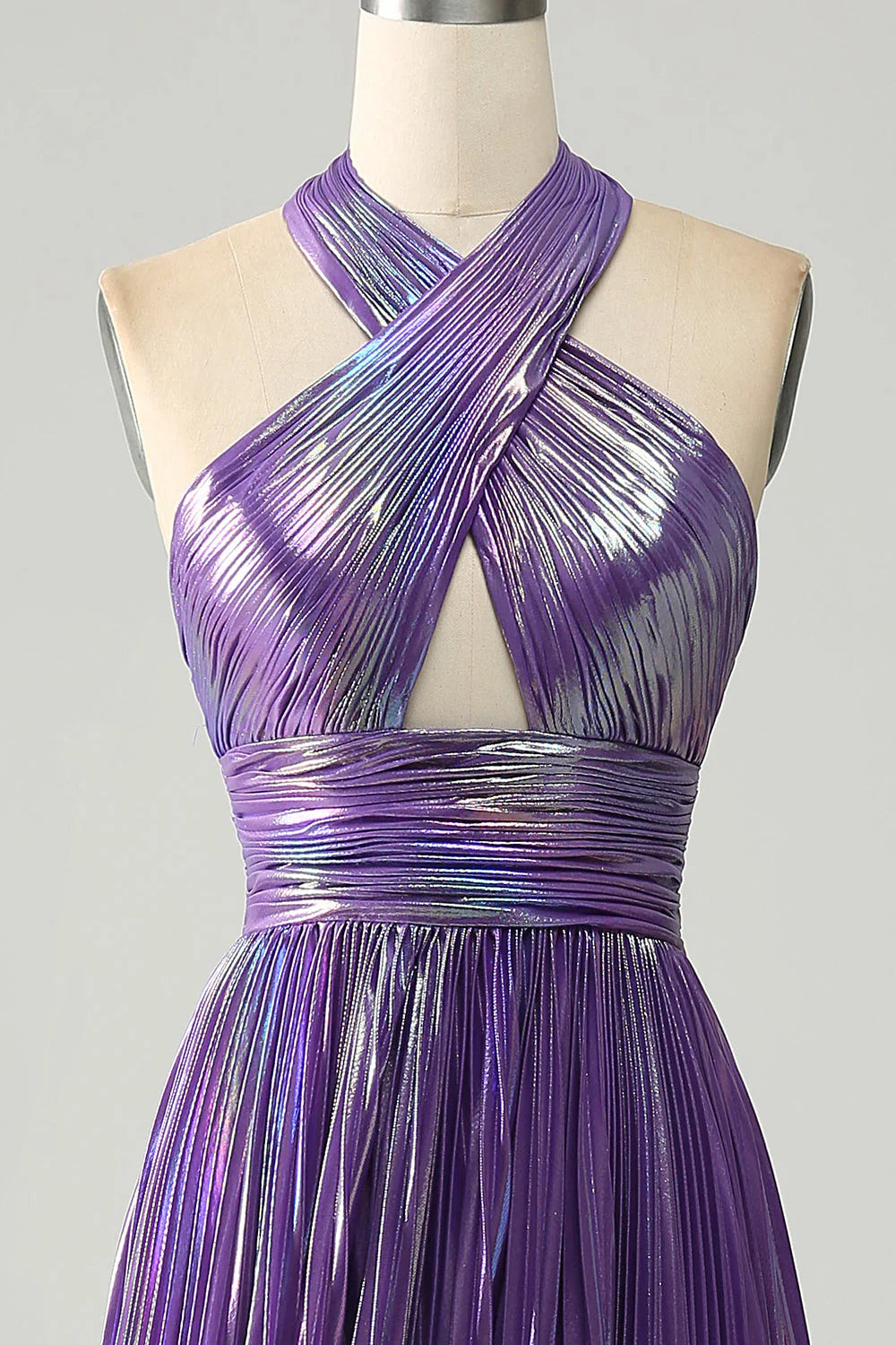 Amzcw Sparkly Purple A-Line Halter Pleated Prom Dress with Slit