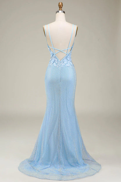 Amzcw Stylish Light Blue Mermaid Long Prom Dress with Appliques prom dresses with long sleeves