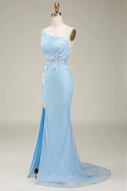 Amzcw Stylish Light Blue Mermaid Long Prom Dress with Appliques prom dresses with long sleeves