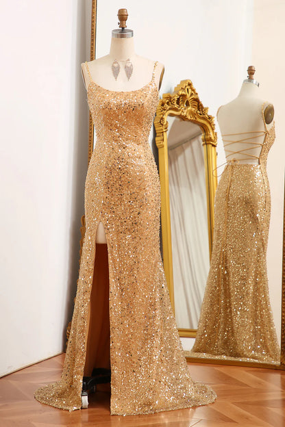 Amzcw Golden Mermaid Spaghetti Straps Sparkly Sequin Prom Dress With Slit prom clothing