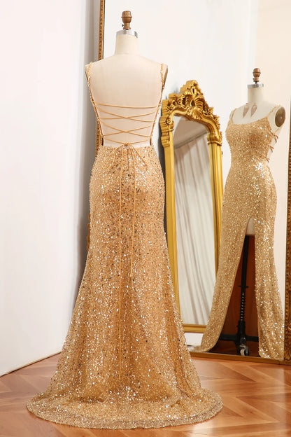 Amzcw Golden Mermaid Spaghetti Straps Sparkly Sequin Prom Dress With Slit prom clothing