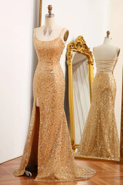 Amzcw Golden Mermaid Spaghetti Straps Sparkly Sequin Prom Dress With Slit prom clothing