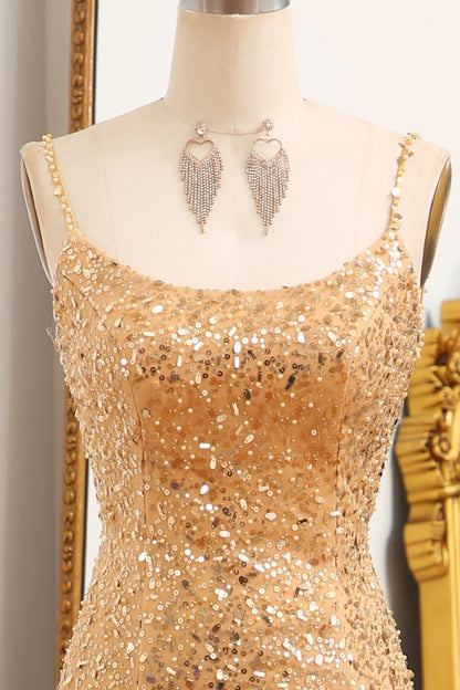 Amzcw Golden Mermaid Spaghetti Straps Sparkly Sequin Prom Dress With Slit prom clothing