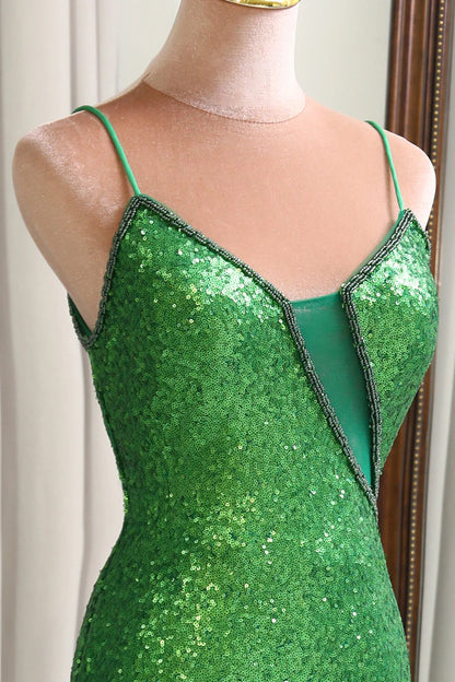 Amzcw Sparkly Mermaid Green Sequins Long Prom Dress with Split Front prom dresses with long sleeves