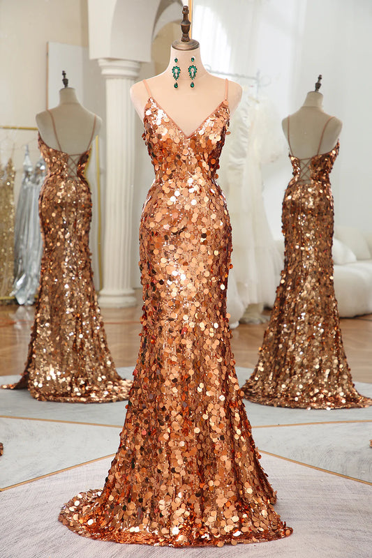 Amzcw Sparkly Rose Golden Mermaid Floor-Length Mirror Prom Dress With Slit