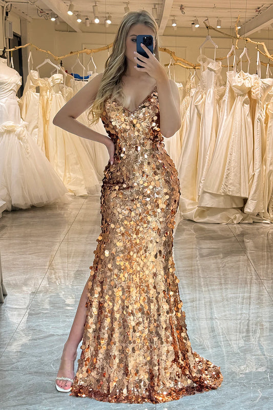 Amzcw Rose Golden Mermaid Spaghetti Straps Sparkly Sequin Prom Dress With Slit prom dresses with long sleeves