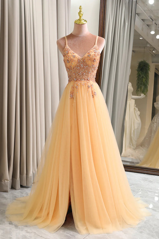 Amzcw Charming A Line Spaghetti Straps Golden Long Prom Dress with Beading prom dresses with long sleeves