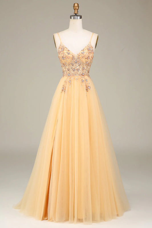 Amzcw Charming Golden A Line Spaghetti Straps Long Prom Dress with Beading prom dresses with long sleeves