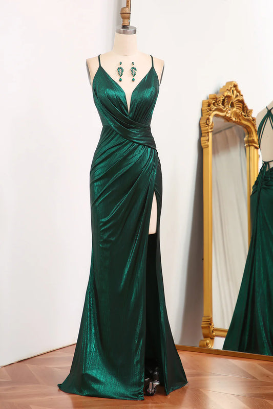 Amzcw Mermaid Spaghetti Straps Long Dark Green Prom Dress with Open Back