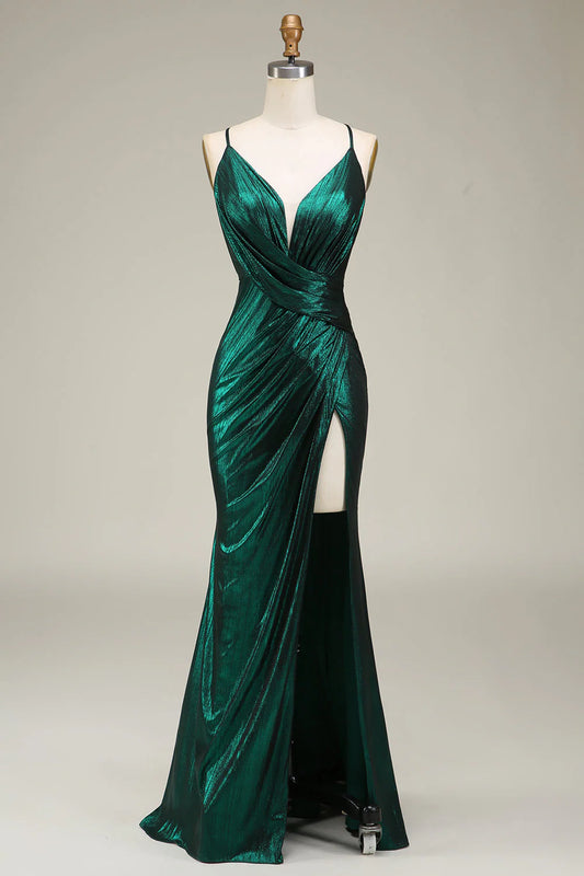 Amzcw Dark Green Mermaid Spaghetti Straps Long Prom Dress with Open Back prom dresses shops