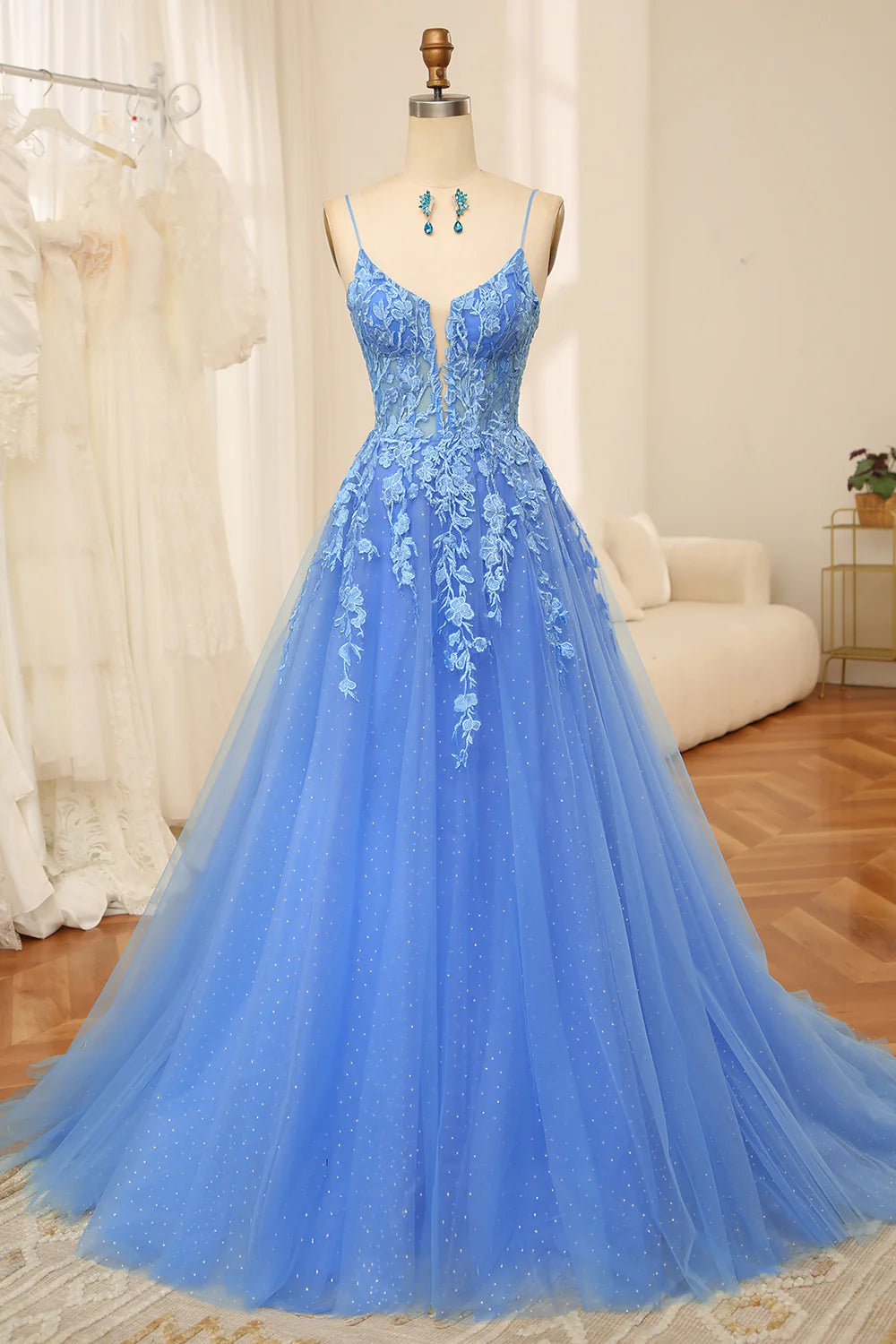 Amzcw Blue A Line Spaghetti Straps Tulle Long Prom Dress With Beaded Appliques prom dresses with long sleeves