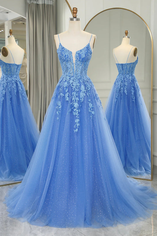 Amzcw Blue A-Line Spaghetti Straps Tulle Long Prom Dress With Appliques prom clothing