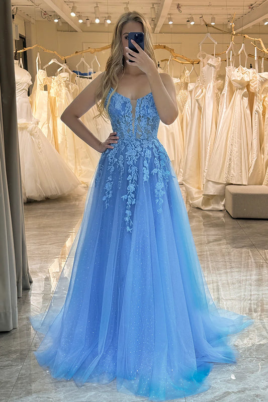 Amzcw A-Line Spaghetti Straps Tulle Long Blue Prom Dress With Appliques prom clothing