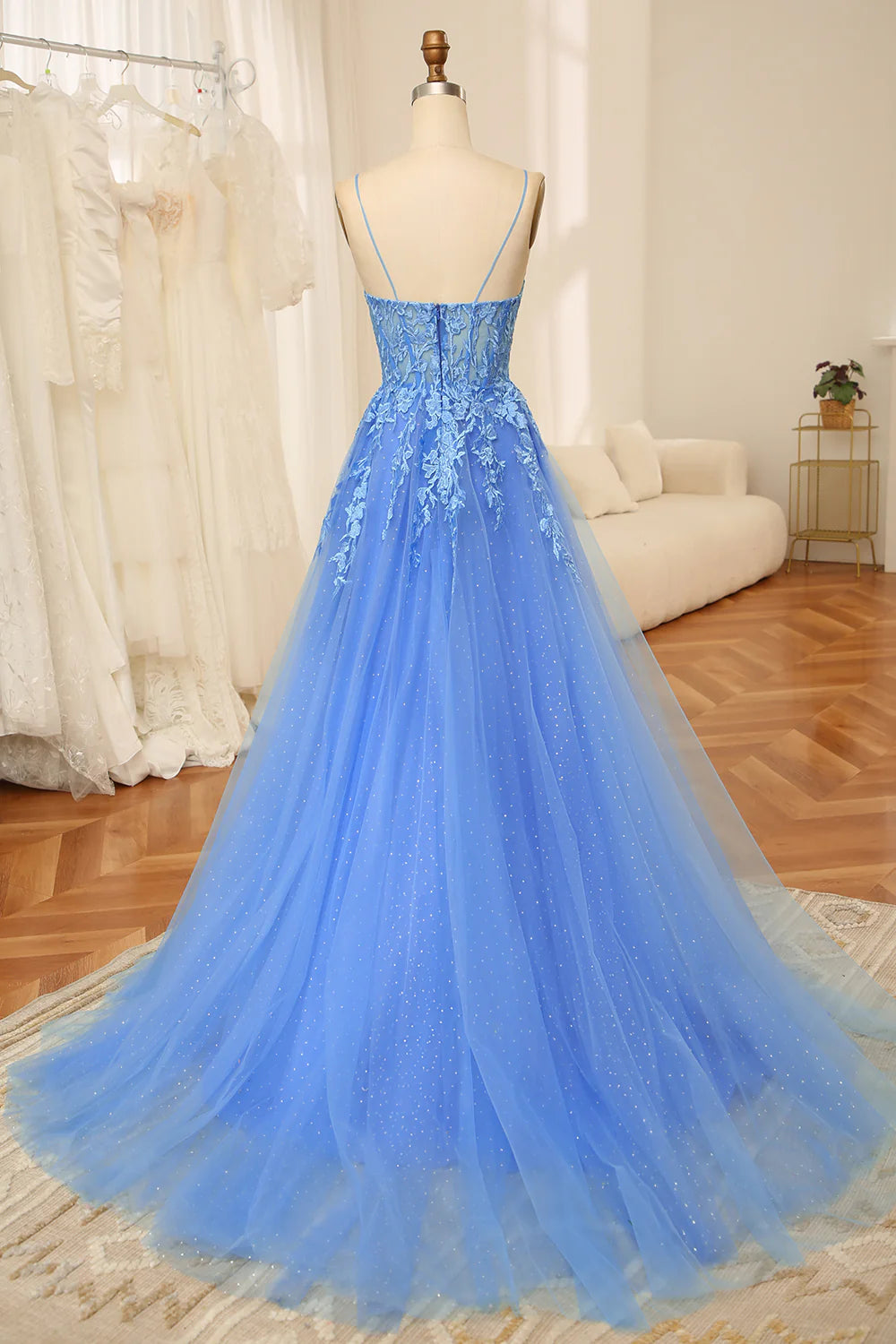 Amzcw Blue A Line Spaghetti Straps Tulle Long Prom Dress With Beaded Appliques prom dresses with long sleeves