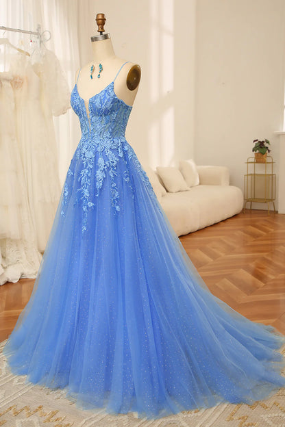 Amzcw Blue A Line Spaghetti Straps Tulle Long Prom Dress With Beaded Appliques prom dresses with long sleeves