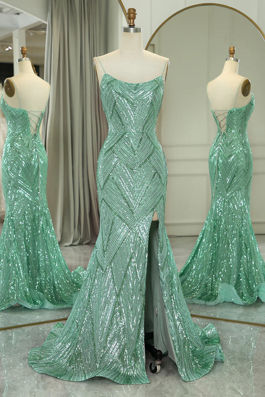 Amzcw Sparkly Green Mermaid Spaghetti Straps Long Prom Dress With Slit