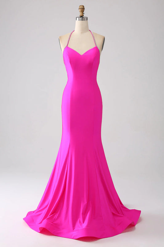 Amzcw Fuchsia Mermaid Halter Backless Long Prom Dress