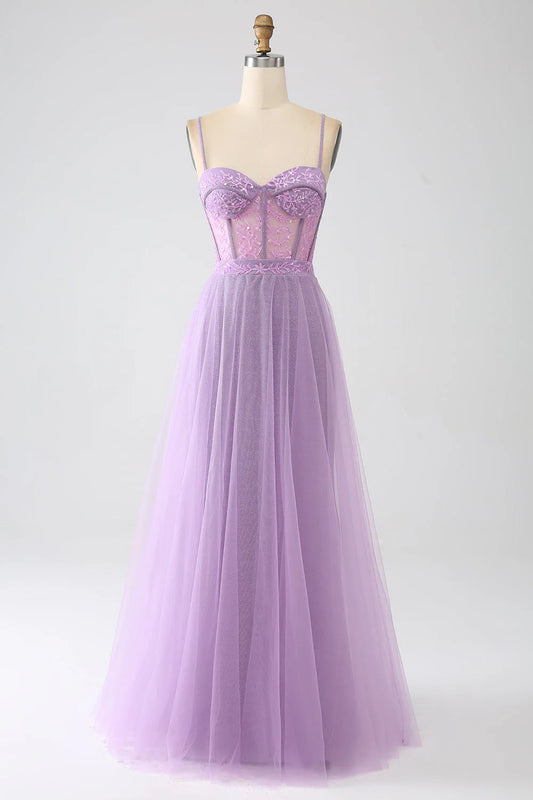 Amzcw A-Line Lilac Spaghetti Straps Long Corset Prom Dress prom dresses shops